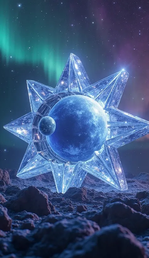 Create an ultra-realistic image of a giant star made of crystal, shining brightly in shades of blue and purple. Inside the crystal star, the planet Venus and its moons are visible, with crisp details of the nebular atmosphere of Venus and the cratered surf...