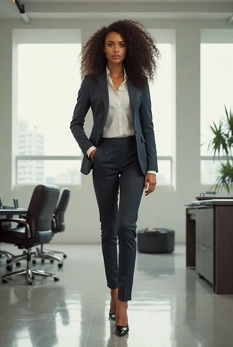 Tall thin curly haired woman standing in a business
