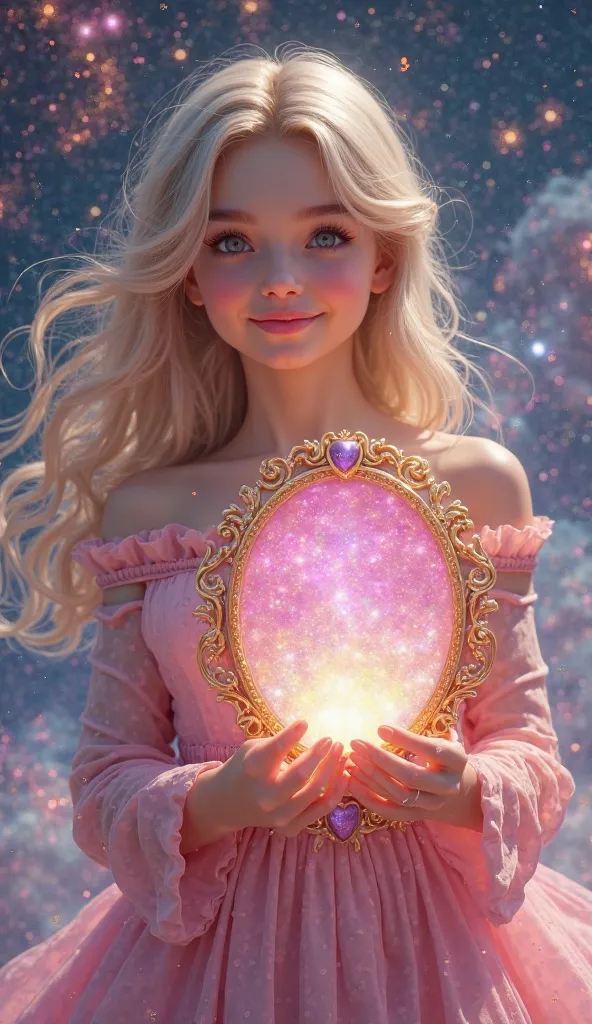 Fantastic Space　large pink gold mirror
A beautiful and cute woman　smile　holds a pink gold shining mirror in her hand。
