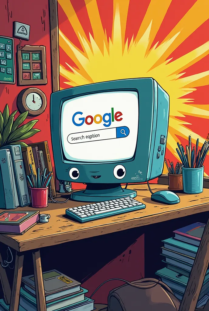 Comic-style drawing of a computer with the search engine open on a table