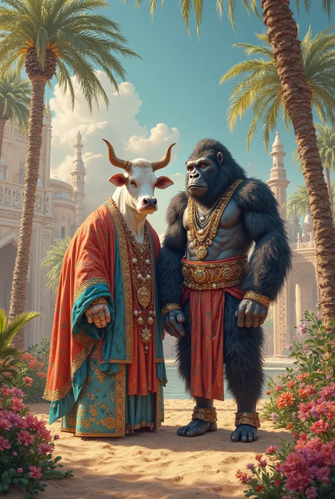 Cow and gorilla in arabian outfit