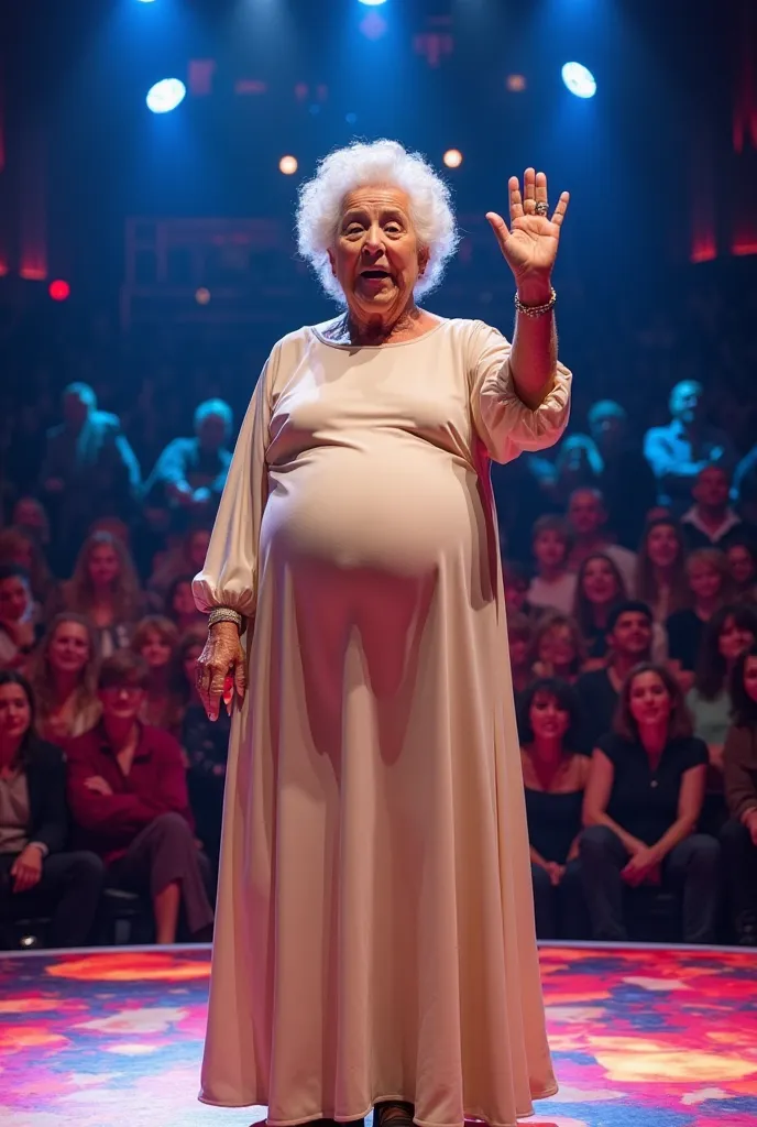 "Elderly woman with curly white hair, wearing a long, flowing beige gown. She stands on a colorful talent show stage, waving at the audience with one hand. Her body appears surreal with an unusually large, round belly, creating a shocking and bizarre visua...