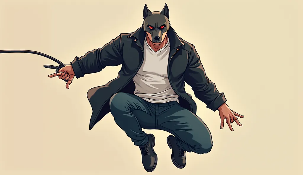 Adult male, handsome, slightly muscular, wearing a dog mask, black jacket with a white tshirt inside, posing holding a dog leash in mid air, facing front, in digital art cartoon anime style, flat colors only.