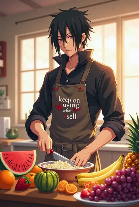 Itachi Uchiha is standing in a bright, cheerful kitchen filled with sunlight streaming through large windows. He's wearing his signature black jacket with his sharingan eyes, though the sleeves are rolled up to reveal his muscular forearms. His apron  read...