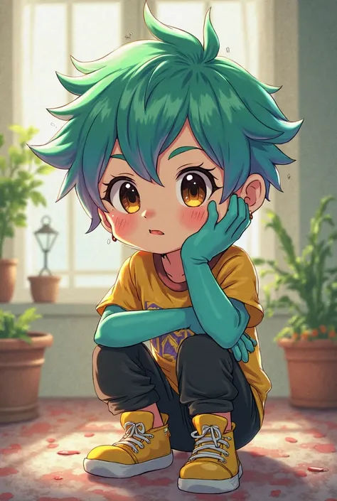 Draw an anime-style age boy,  with dark brown eyes, high,  light leather balcony, green hair with blue stripes With black pants and yellow shoes and aqua-colored gloves, with a shy face 