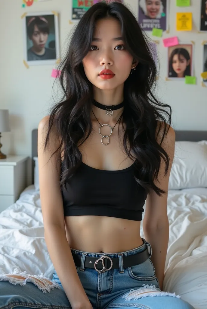 A young asian woman with long, wavy black hair sits on a neatly made white bed in a softly lit bedroom. She has a confident yet calm expression, with deep brown eyes, well-defined eyebrows, and full lips painted a rich red. Her complexion is fair and smoot...