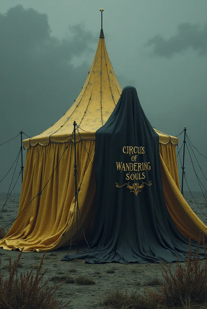 A gold-curved tent with black, that is covered by the cloak of death and has the text below that reads "Circus of Wandering Souls"
