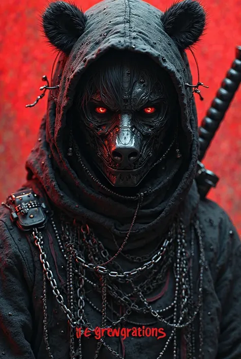 Short black hair, black mechanical mask, cyberpunk, black mechanical ninja, and black masked psychedelic ninja warrior, grizzly bear using dark atmospheric mechanical details, wires and chains, using katana, black and red color palette, gothic style, with ...