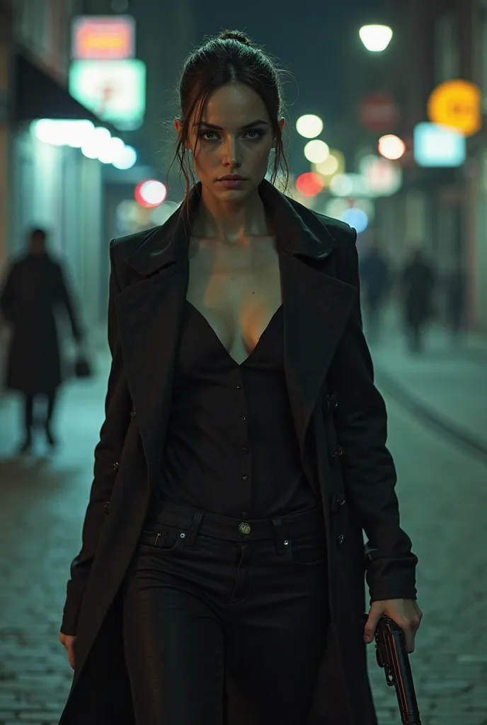 Skinny Vampire Woman, with American features, with hair tied up wearing the tight clothes of a murderer. holding a pistol, Your face is serious, Blue eyes and has European features. walking at night in a city with poor lighting
