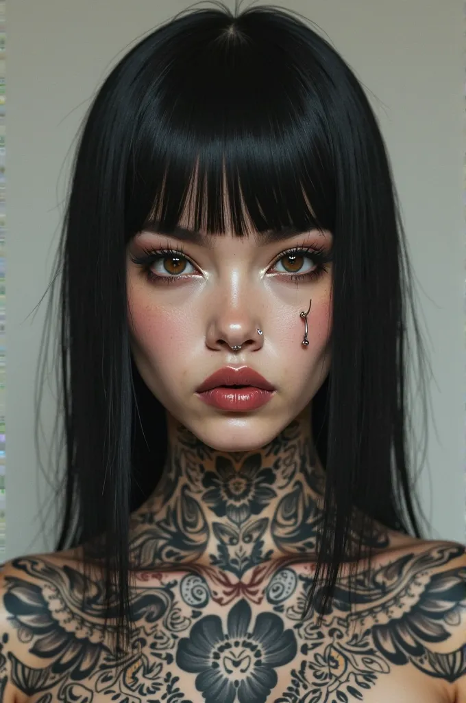 Filipino woman with straight black hair parted in the middle, white but heavily tattooed skin and pierced face 