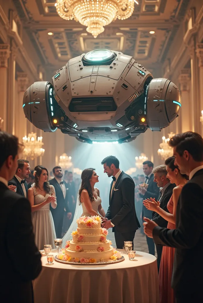 Spaceship in the shape of a deebot that shows up while cutting a wedding cake