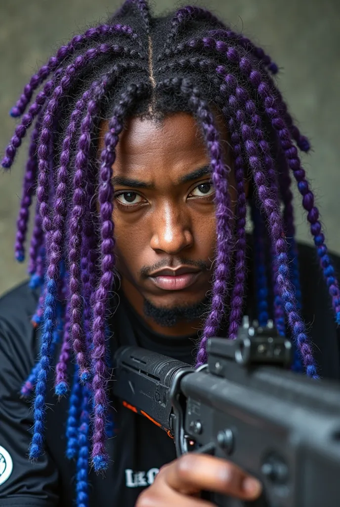 Generate image of a fair-skinned man wearing a French jersey holding an AK-47 with purple dreads and blue tips