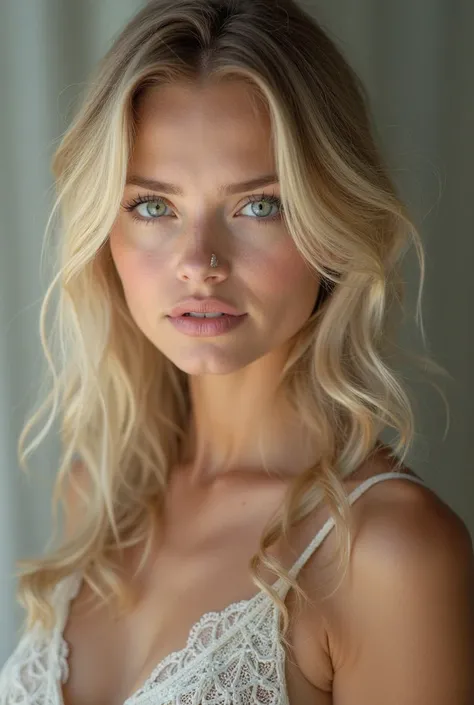 A photo of a beautiful woman with blond hair and light eyes