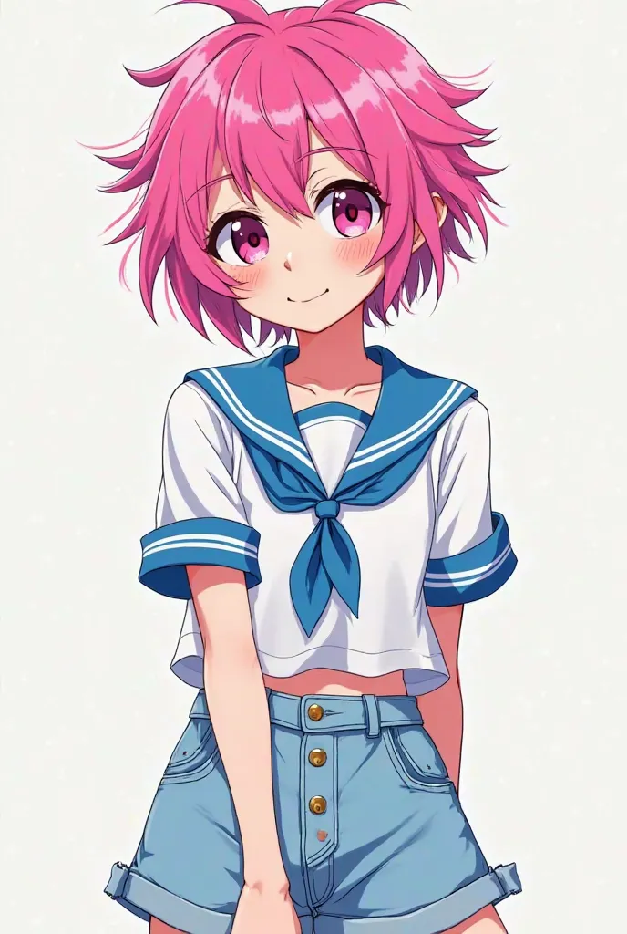 Anime girl with Messy short punk hair and pink eyes, Wearing light blue and white short sleeved and untucked sailor shirt, wearing light blue mini skirt