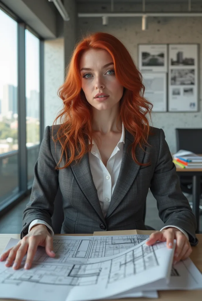 Red-haired girl in a tailor's suit at the office reviewing plans