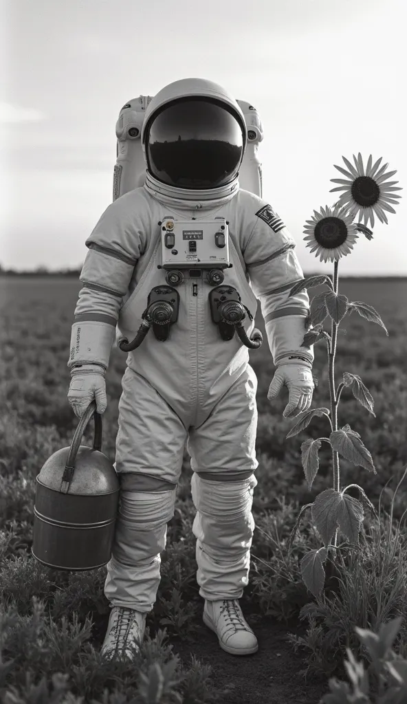 "A black-and-white photograph in the style of Dorothea Lange, capturing the scene of an astronaut in a rural Tennessee field. The astronaut, dressed in a full spacesuit, stands near a large sunflower, holding a metal watering can in one hand. The astronaut...