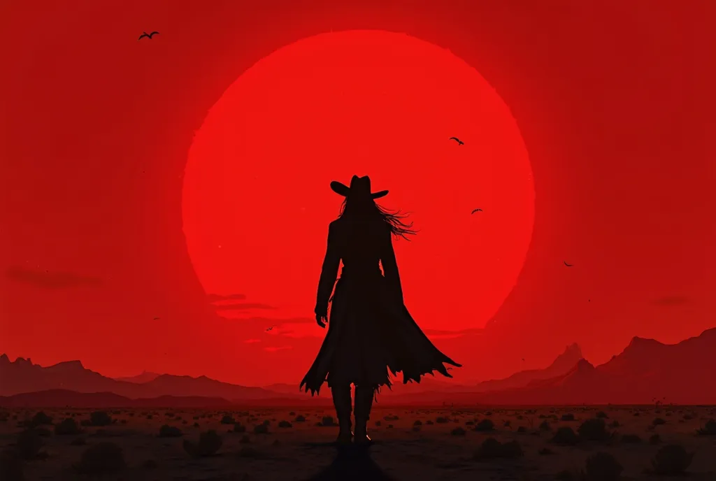 Red background, black sillohette of cowgirl, long coat blowing in wind,Sergio Leone style