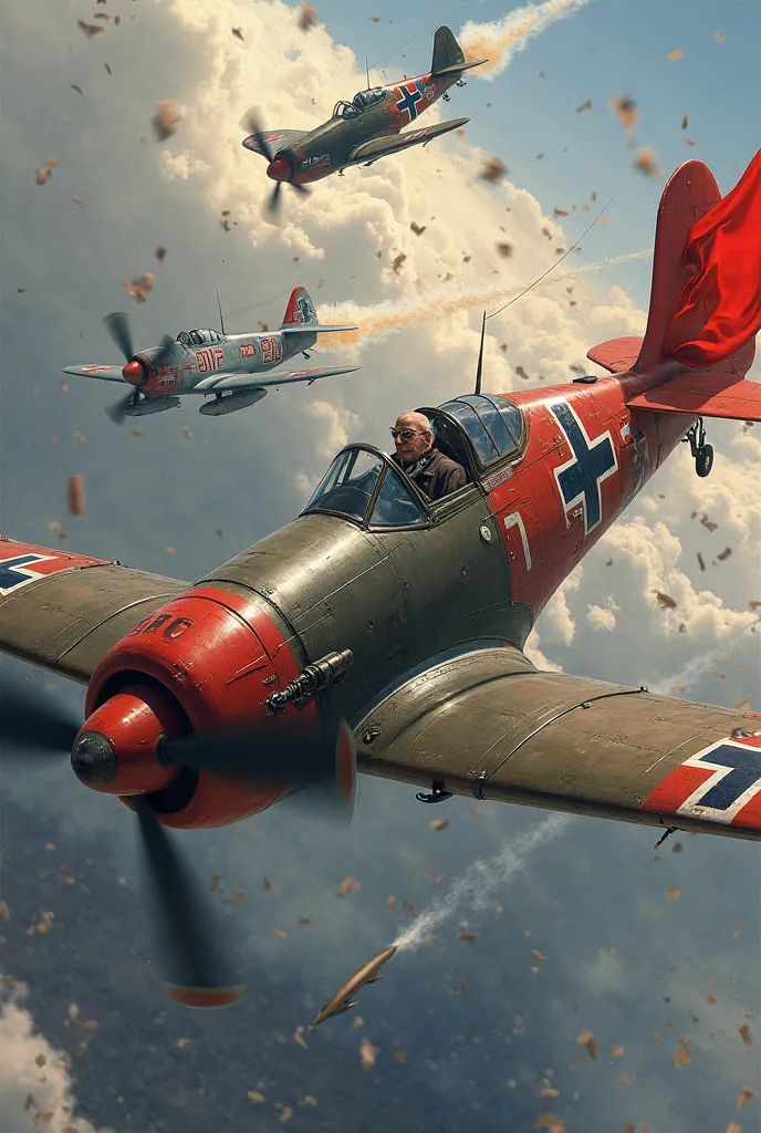 That the red baron with the flag of the Soviet Union is in World War II and is shooting down a Nazi plane 