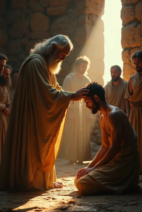 Ultra-realistic 4K image, wide-angle shot of an elderly prophet Samuel, dressed in flowing robes, pouring sacred oil over the young David’s head inside a dimly lit stone chamber. David kneels, eyes closed in reverence, while his brothers watch in the backg...