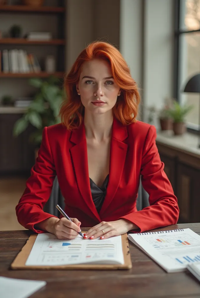 Girl in the office wearing a redheaded tailor suit with plans