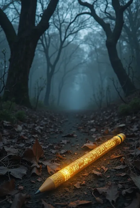 . Image Description :
A dark and mystical forest extends in a twilight setting. Old and gnarled trees rise amidst a light mist, as dry leaves and branches spread across the ground. In the foreground, I found a golden pencil, with intricate lines and mystic...