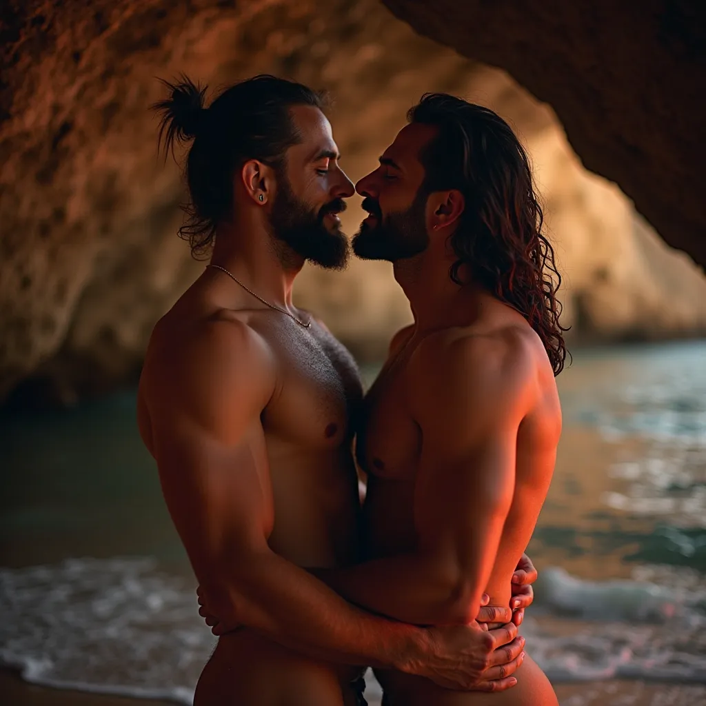 Two handsome men with beards, The two men look at each other with a lot of lust with their eyes closed , her sensually shaped body , inside a cave on the beach with the waves of the sea with orange and red light are visible,  with two tall men , two romant...