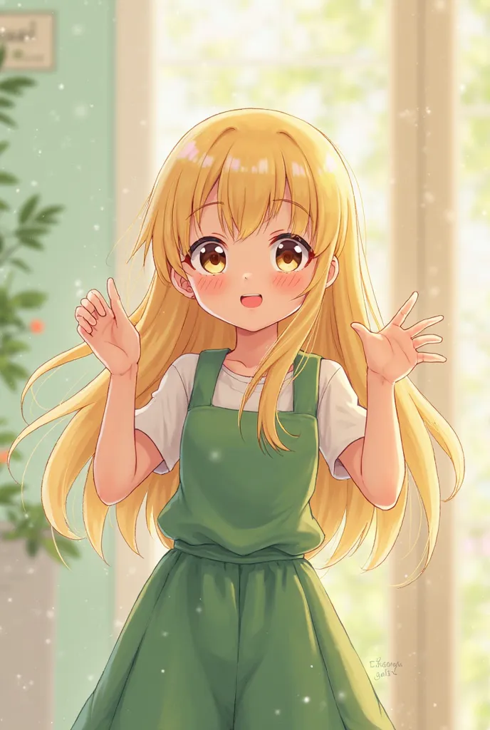 Cute anime woman. Blonde hair and green kawaii clothes waving 