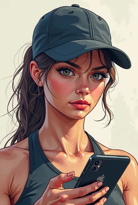 drawing of a woman with a sports cap and cell phone