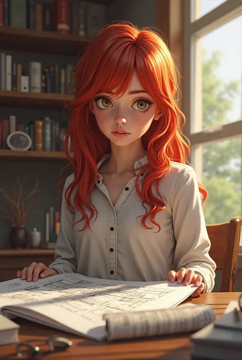 Red-haired girl sitting reviewing plans