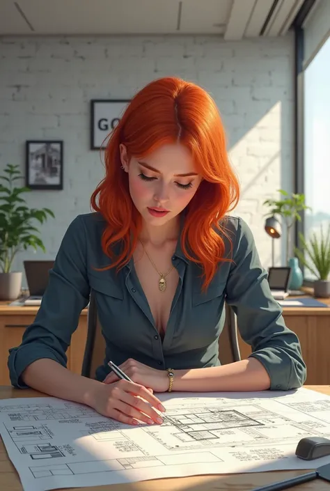 Red-haired girl in the office reviewing plans 