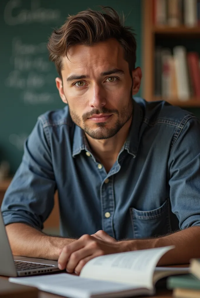 A 28 years old man working and studying  with a determined face 