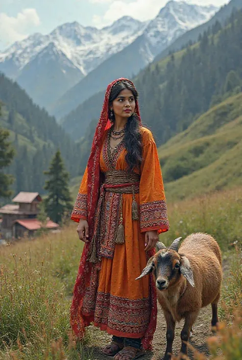 A most beautiful 18+ girl wearing himachali culture and picked a cute littel goat 