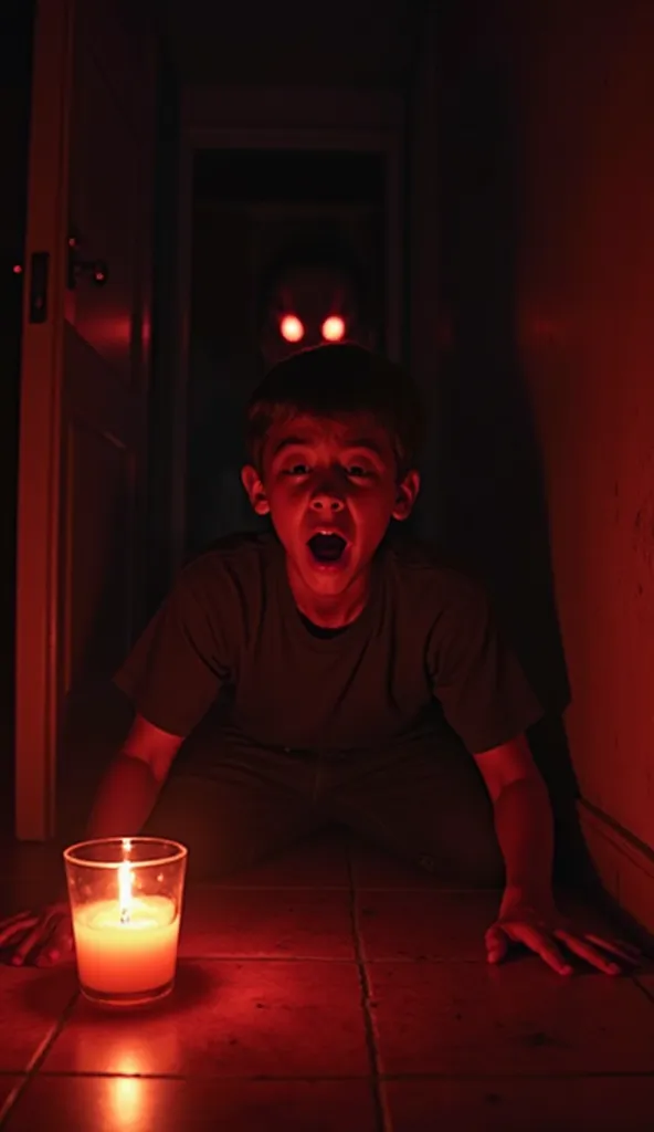 red and black image. three fourteen-year-old male agers screaming in terror in a dark room. The candle on the ground has been extinguished, and in the deepest shadow a terrifying figure can be seen with glowing eyes. The atmosphere is one of pure fear, wit...