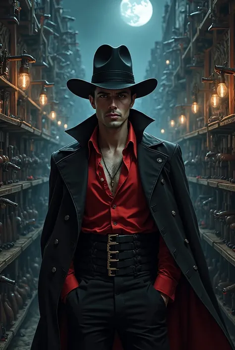 Black Vampire Man, dark brown eyes, wearing a red blouse, a hat , The night inside a clandestine weapons store
