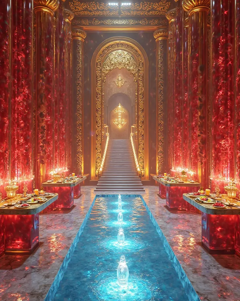 A big realistic palace. Show the inside
1. Its chair and tables are made of Transparant and shiny red diamonds. 
2. The ground land is made of glittering blue diamond. 
3. Its doors are made of shiny glittering gold.
4. The plates are made of shiny gold th...