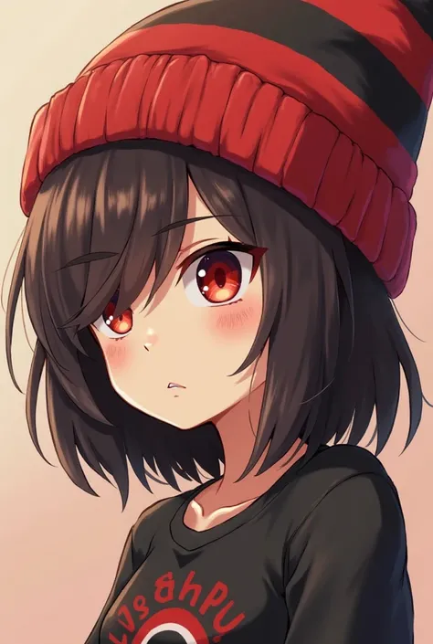 Female anime with red beanies with large stripes of a darker shade ,with short but slightly long hair with the fringe that is on the right side of brown ,Wearing a Shadow shirt a Sonic character,shirt with red eyes and with a black head