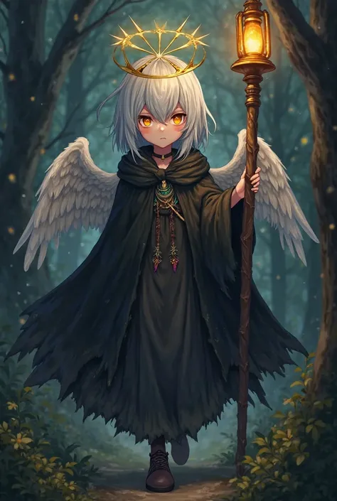 
Anime angel girl with black cloak with hood and only rags for clothes with white hair and yellow and orange eyes with cross shaped pupils and massive burn scar between eyes with golden spiky crown like halo above head and wings with rainbow colored tips w...