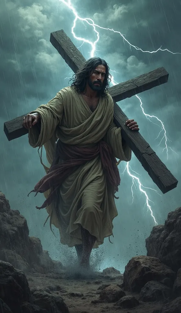 Jesus in the storm with a cross on his back 