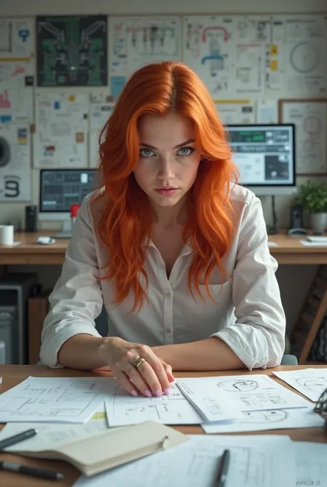 Red-haired girl in the office with plans