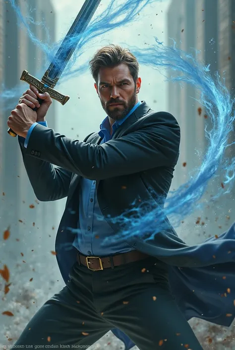  handsome man , tall and loud, white,  with short brown hair ,  short beard, wearing a black suit with light blue shirt and blue tie , brandishing a sword with wind magic in combat posture