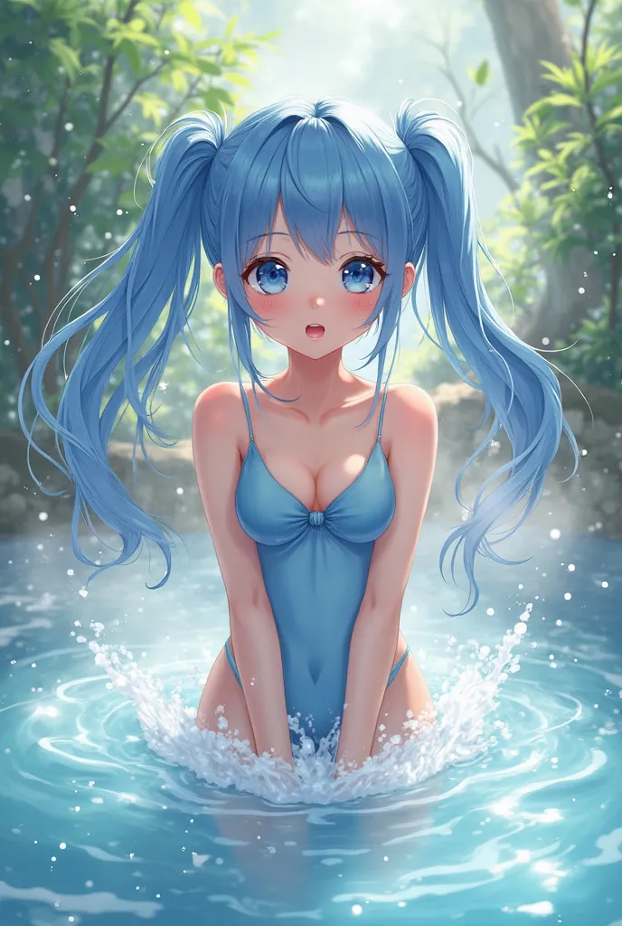 A fair skinned anime drawing girl with blue hair in two ponytails and blue eyes wearing a blue bathing suit in a hot spring splashing water