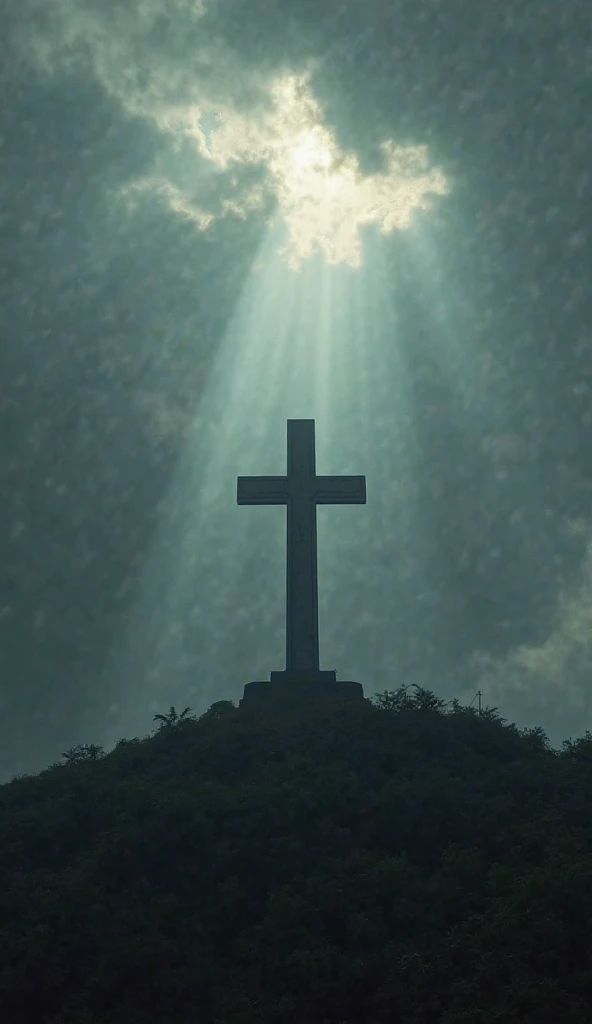 An imposing cross on top of a hill, surrounded by a dramatic, closed sky. The weather is bleak,  with dense and heavy clouds , but a single ray of sunshine penetrates the clouds and illuminates the cross, creating a beam of light that highlights it with in...