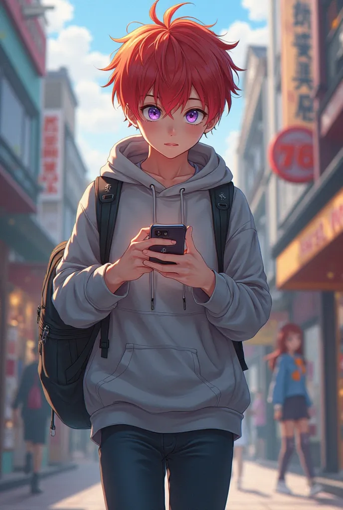 Draw a red-haired boy with purple eyes, gray anime style sweatshirt 
With backpack on the shoulder while typing on the phone while walking on the street 