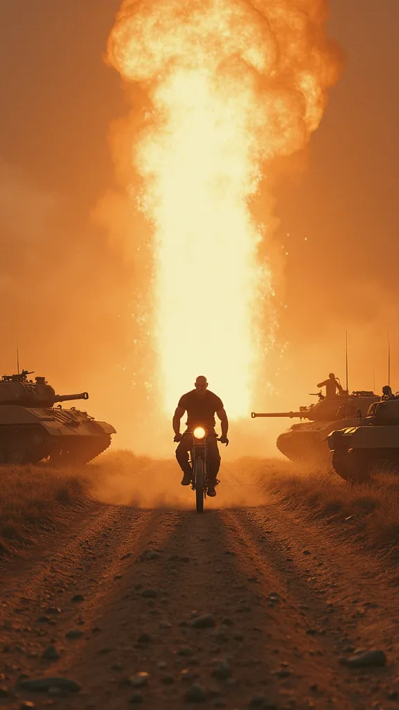 A glowing portal of light emerges in the middle of the dirt road, as The Rock accelerates towards him. The surrounding scenery still has the aesthetics of World War II,  with tanks and soldiers in the background ."