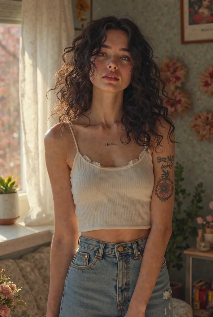 Realistic full-body woman standing 20 years old with curly black hair up to her shoulder with light brown eyes with a pink mouth with a frosting with a flower tattoo on her right arm and a virgin on the neck at home with croquette and denim skirt