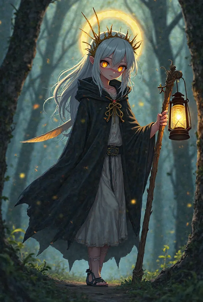 Anime fairy girl with black cloak with hood and only rags for clothes with white hair and yellow and orange eyes with cross shaped pupils and burn scar between eyes with golden spiky crown like halo above head and wings with yellow glow walking in dark for...