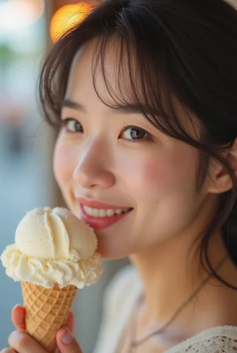 8k effect Close-up of a cute japanese woman eating an ice cream cone with cream in her hand.