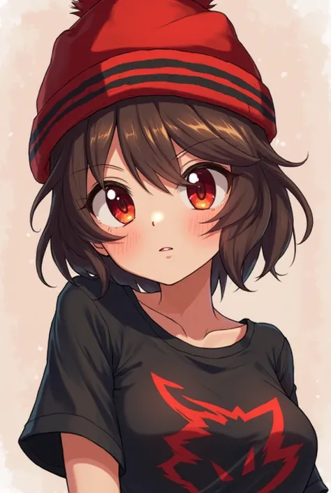 Female anime with red beanies with large stripes of a darker shade ,with short but slightly long hair with the fringe that is on the right side of brown ,Wearing a Shadow shirt a Sonic character,with red eyes and with l