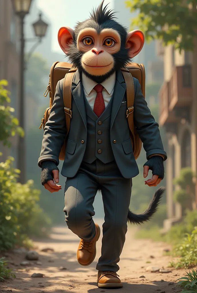 Monkey with suit and backpack traveling