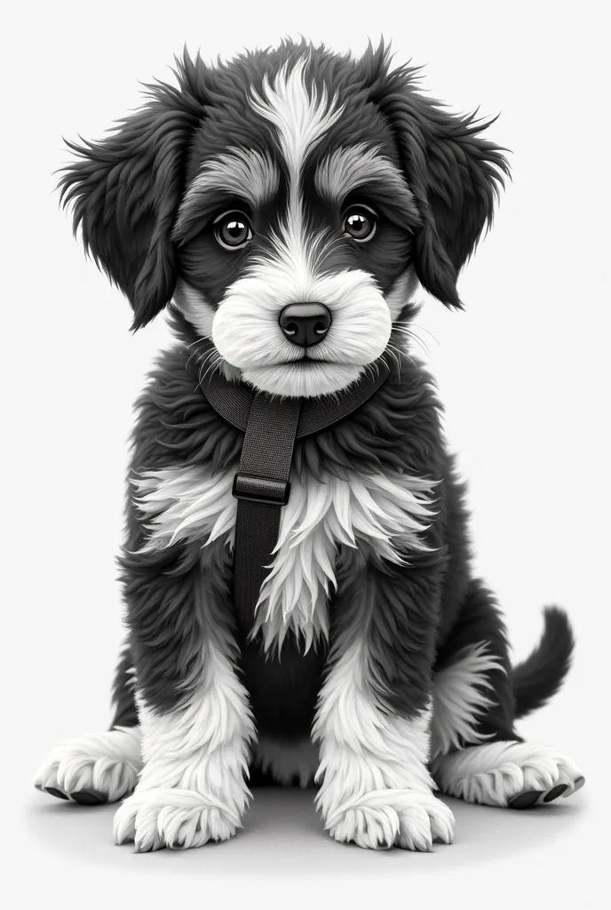 Realistic drawing of a Straight Schnoodle Puppy, its colors are black and white, has a black body, except for the legs, the collar around the snout and a strap above the snout 